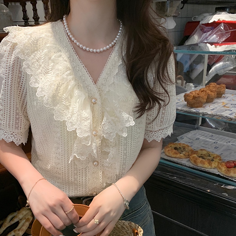 SUXI Áo Sơ Mi Nữ Tay Ngắn Cổ Chữ V Phối Ren Phong Cách Hàn Quốc Thời Trang Mùa Hè