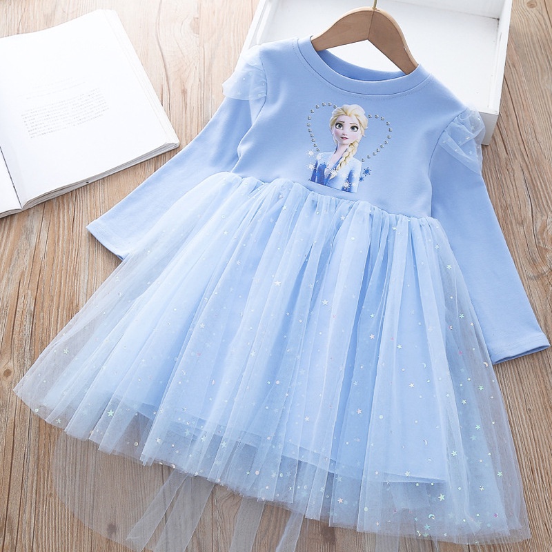 Đầm Công Chúa Elsa Tay Dài Dễ Thương Cho Bé Gái