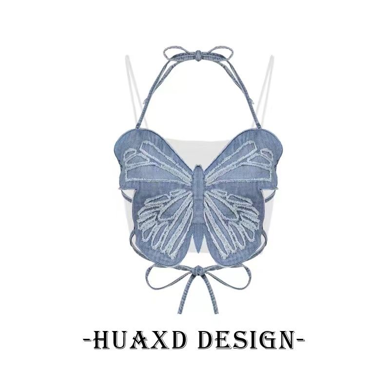 Millennium Áo Denim Hai Dây Cổ Yếm Hình Bướm Thiết Kế Ngọt Ngào Cho Nữ Y2K