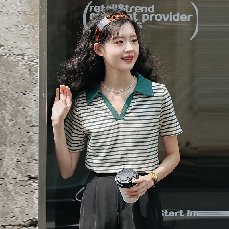 SUXI Áo polo Ngắn Tay Form Rộng Họa Tiết Kẻ Sọc Phong Cách Vintage