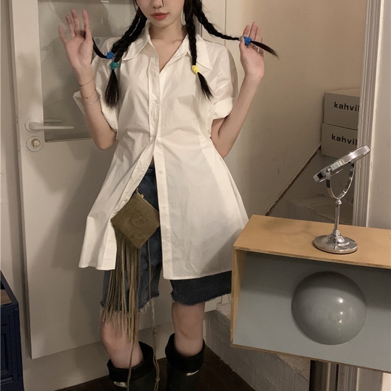 IELGY Áo Sơ Mi Tay Ngắn Dáng Ôm Màu Xanh Dương Dễ Phối Đồ Thời Trang Cho Nữ