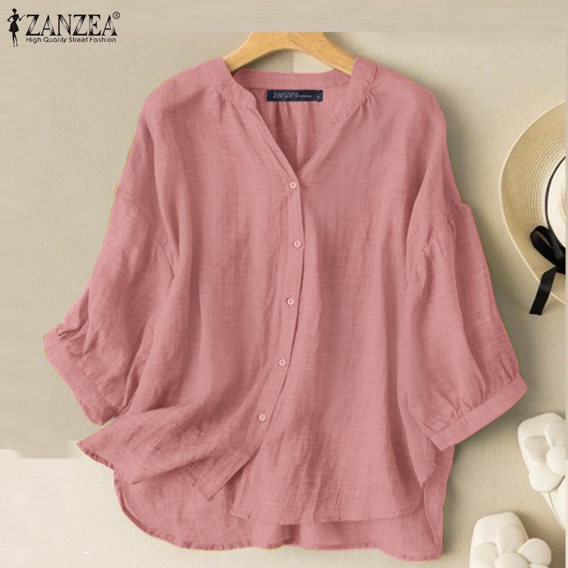Áo sơ mi ZANZEA tay lửng cổ chữ V dễ phối đồ thời trang Hàn Quốc cho nữ