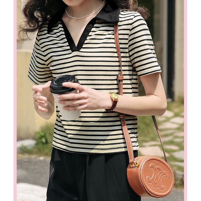 SUXI Áo polo Ngắn Tay Form Rộng Họa Tiết Kẻ Sọc Phong Cách Vintage