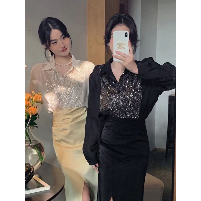 Áo Sơ Mi Chiffon Tay Dài Đính Kim Sa Lấp Lánh Phong Cách Pháp Thiết Kế Mới 2023 Cho Nữ