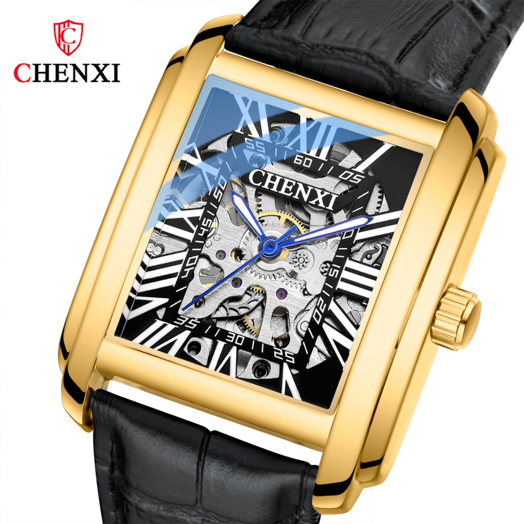 Đồng Hồ Cơ CHENXI Mặt Vuông Rỗng Dây Da CHENXI Chống Thấm Nước Cho Nam