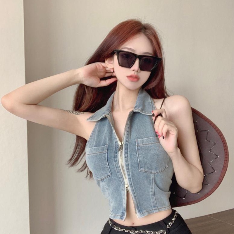 IELGY  Áo denim Hai Dây Ngắn Có Khóa Kéo Phong Cách Âu Mỹ Cho Nữ