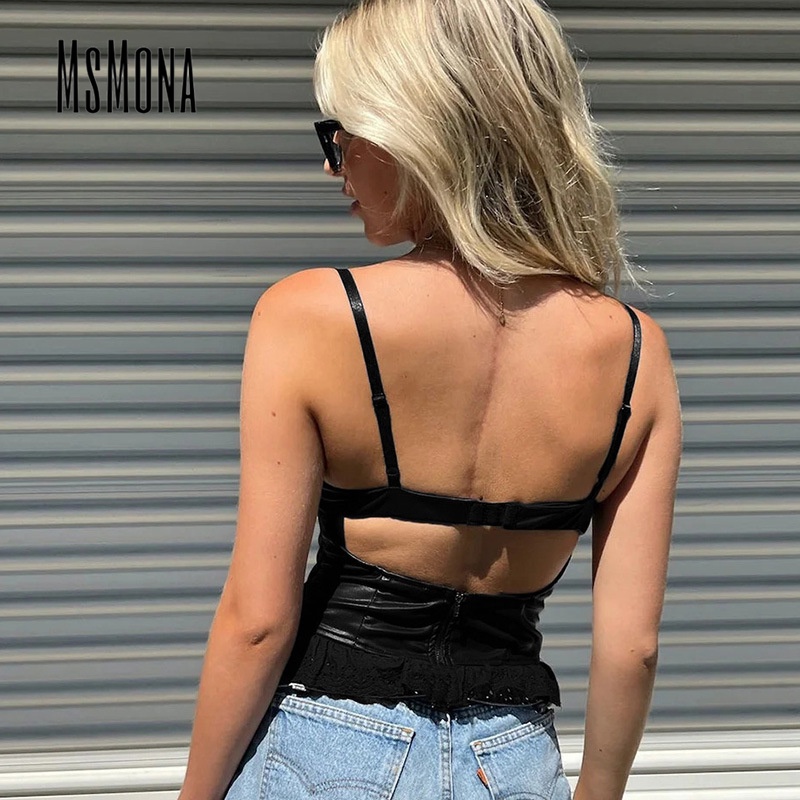 MsMona Áo Tank Top Hai Dây Màu Trơn Phối Ren Thời Trang 2023 Quyến Rũ Cho Nữ