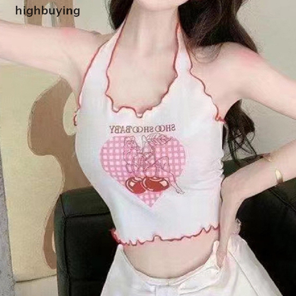 Áo Croptop Hai Dây Dệt Kim Y2K Dáng Ôm In Họa Tiết Trái Tim Xinh Xắn Thời Trang Mùa Hè Cho Nữ
