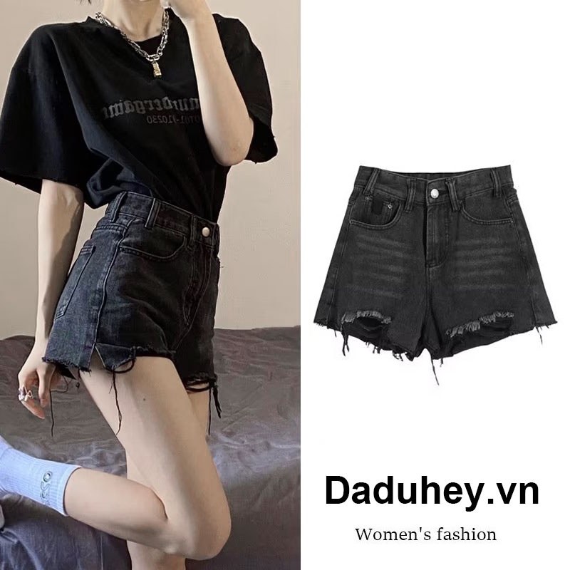 DaDuHey New Korean Version of INS WOMEN'S Raw-edged Denim Shorts Washed High Waist Thin Loose A- Line Hot Pant