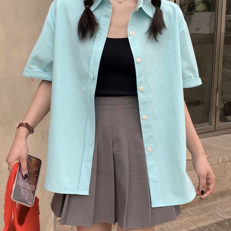 IELGY  Áo Sơ Mi Tay Ngắn Màu Trơn Thời Trang Cao Cấp Cho Nữ