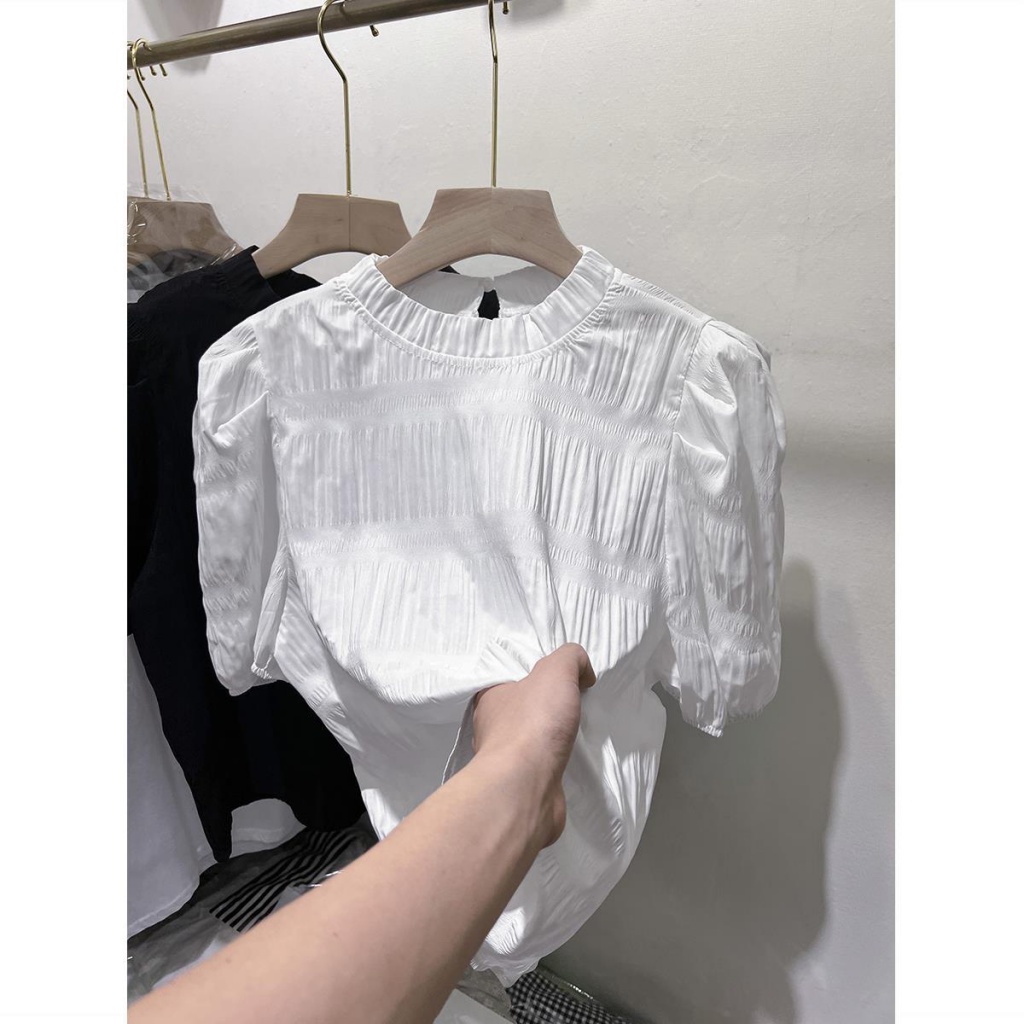 Áo Sơ Mi Chiffon Tay Ngắn Phồng Màu Đen Thời Trang Mùa Hè 2023 Cho Nữ