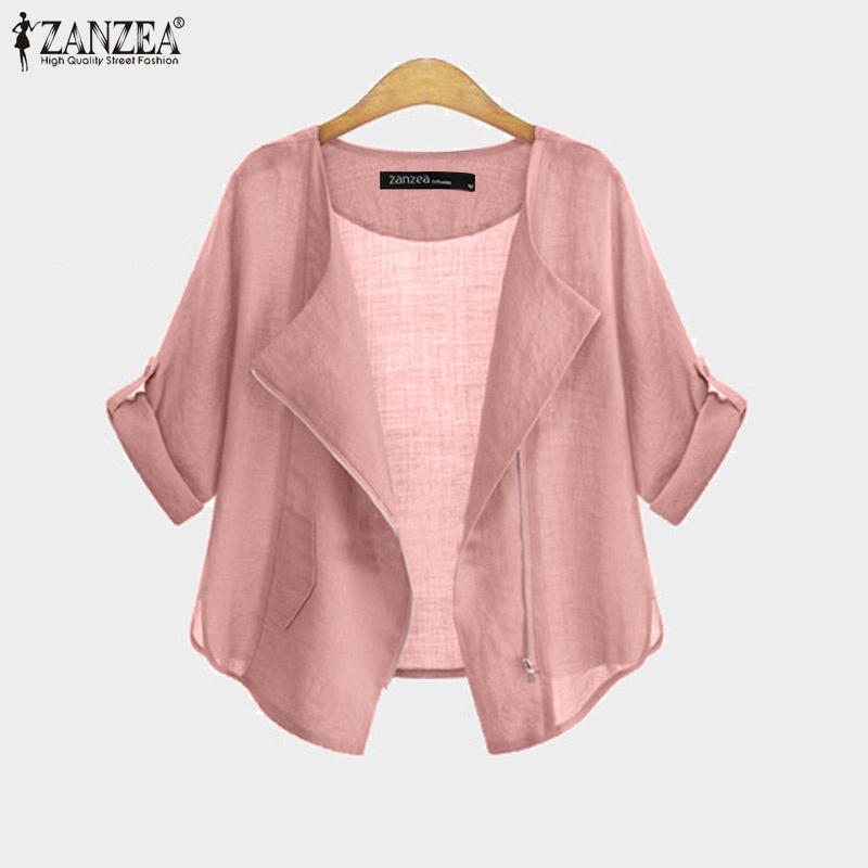 Áo khoác cardigan ZANZEA ngắn tay cổ thuyền phối khóa kéo thời trang đường phố cho nữ