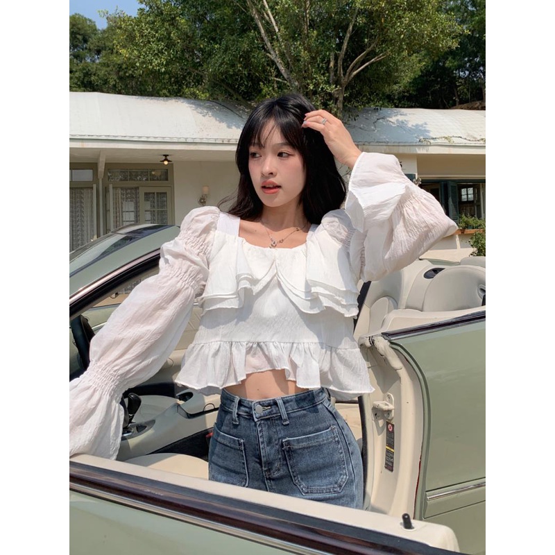 SUXI Áo Kiểu Tay Loe Dài Cổ Vuông Màu Sắc Đơn Giản Dễ Phối Đồ