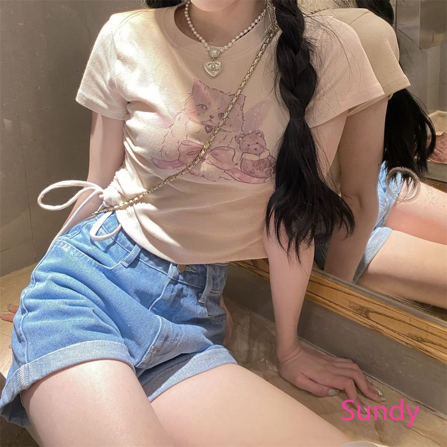 Áo Croptop Tay Ngắn Phối Dây Rút In Hình Mèo Thời Trang Mùa Hè Quyến Rũ Cho Nữ