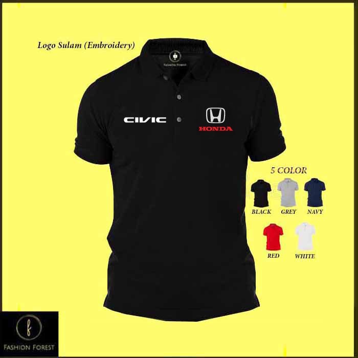 Áo Thun Polo Tay Ngắn Thêu Chữ Sulam Honda Civic Engine CVT Baju Lelaki Motorsport
