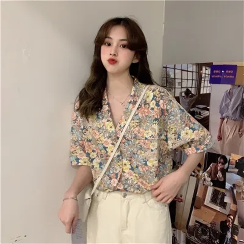 Áo Sơ Mi Chiffon Tay Ngắn Dáng Rộng In Hoa Kiểu Hàn Quốc Thời Trang Mùa Hè Cho Nữ