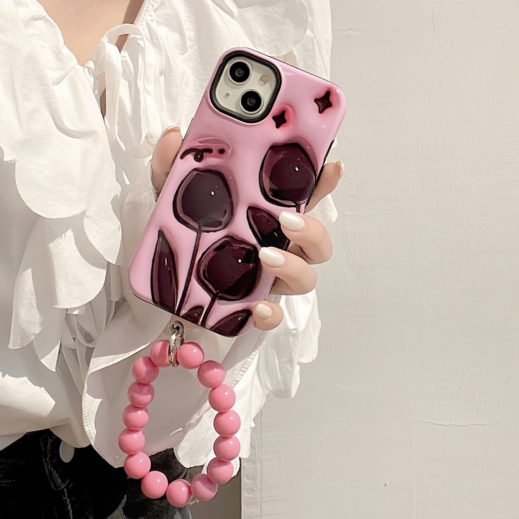 Ốp Điện Thoại TPU Dẻo Họa Tiết Hoa Tulip Đen Kèm Dây Đeo Ngọc Trai Chống Rơi Cho iPhone 14 13 12 11 Pro Max