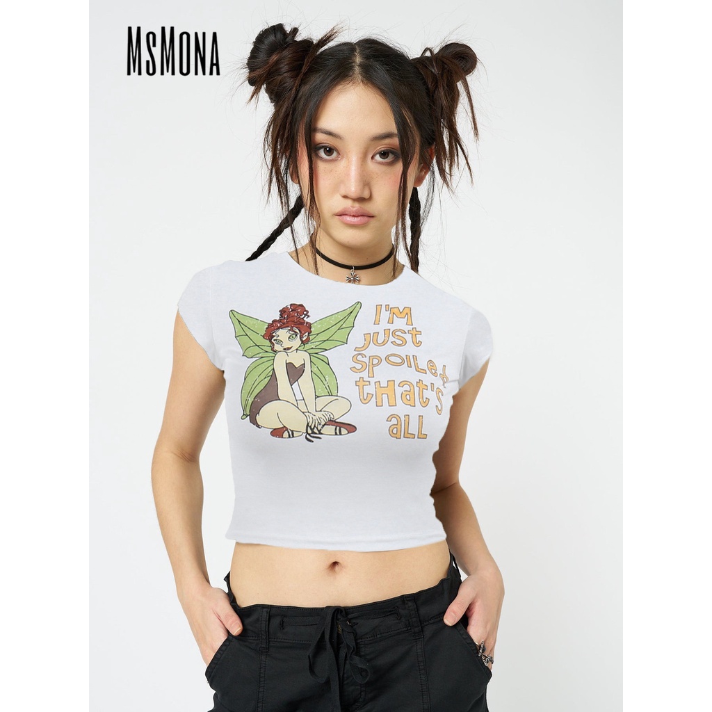 MsMona Áo Thun Tay Ngắn Cổ Tròn Dáng Ôm In Họa Tiết Hoạt Hình Thời Trang 2023 Cho Nữ