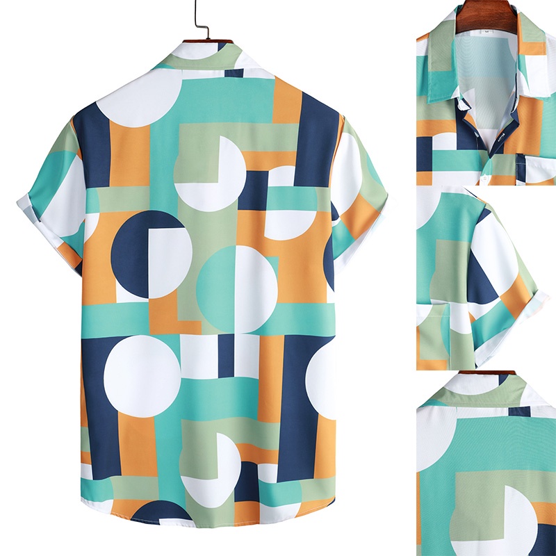 Áo Sơ Mi Tay Ngắn Dáng Rộng In Họa Tiết Hình Học / Màu Đen / Xanh Lá / Trắng Cài Nút Thời Trang Đường Phố Cho Nam