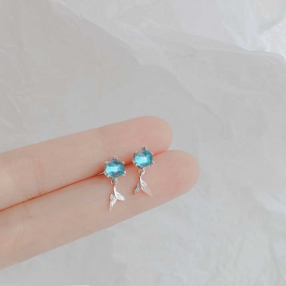 Bộ Trang Sức Vòng cổ / Vòng Tay / Khuyên Tai Bằng Thép Titan Đính Đá Zircon Đuôi Nàng Tiên Cá Màu Xanh Dương Đơn Giản