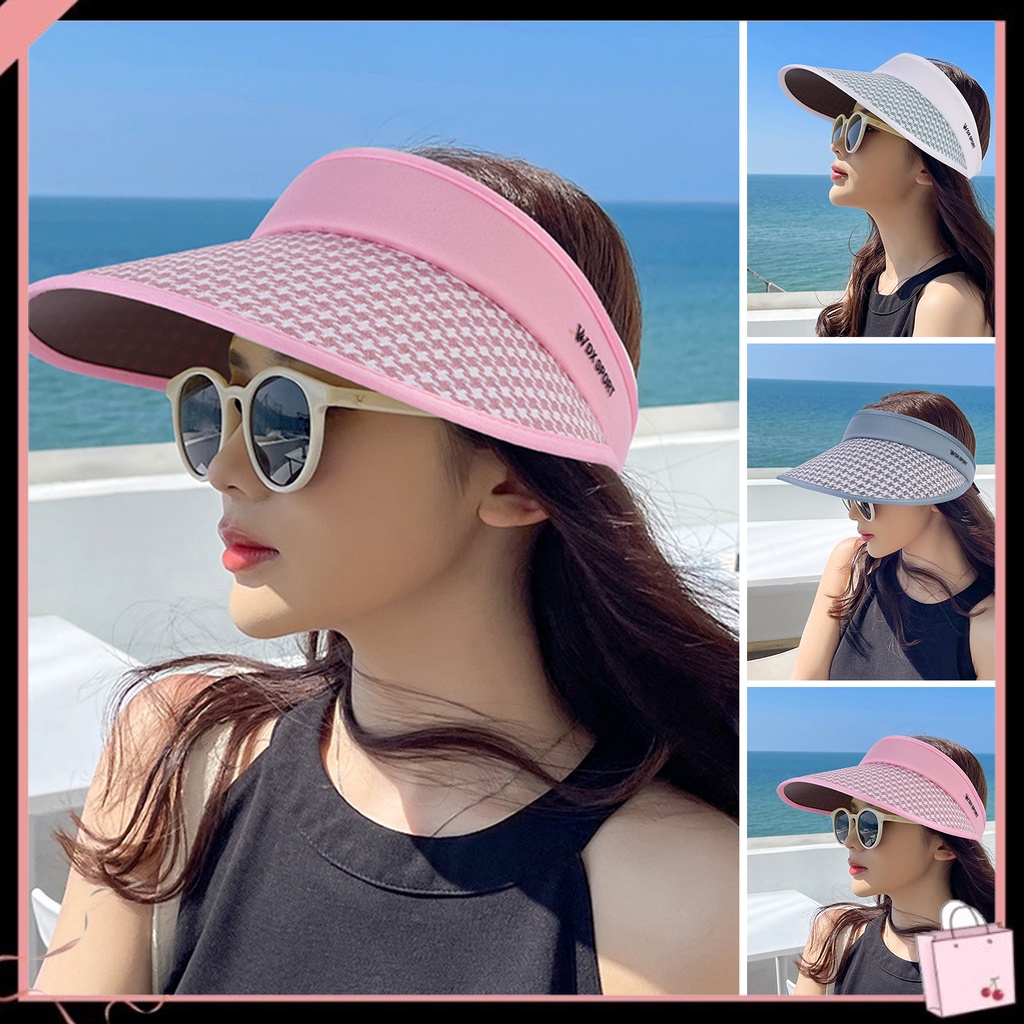 Mũ Chống Nắng Thoáng Khí Không Chóp Vành Dài Màu Sắc Tương Phản Có Thể Điều Chỉnh Bảo Vệ Khuôn Mặt Cho Nữ