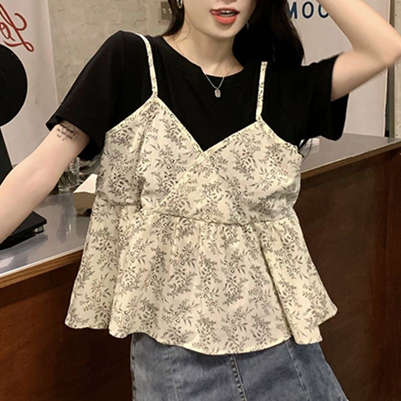 Áo Thun Ngắn Tay Giả Hai Lớp Họa Tiết Hoa Thời Trang Mùa Hè Cho Nữ Lên Đến 300KG