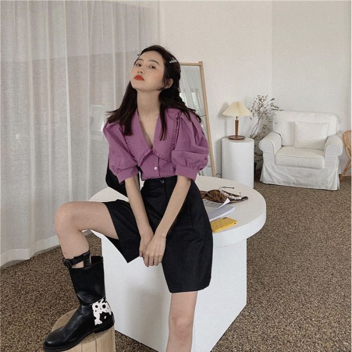 Áo Sơ Mi Nữ Tay Phồng Cổ Búp Bê Phối Ren Màu Tím / Hồng Ngọt Ngào Kiểu Pháp Thời Trang Mùa