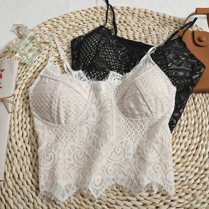 Áo Hai Dây Cúp Ngực Bằng Da Phối Ren Ôm Ngực Phong Cách Pháp Thanh Lịch Gợi Cảm