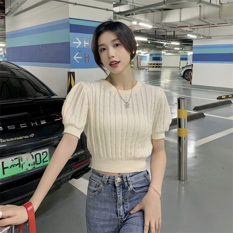 IELGY   Áo Dệt Kim Tay Ngắn Dáng Ôm Phối Nơ Thời Trang Cho Nữ