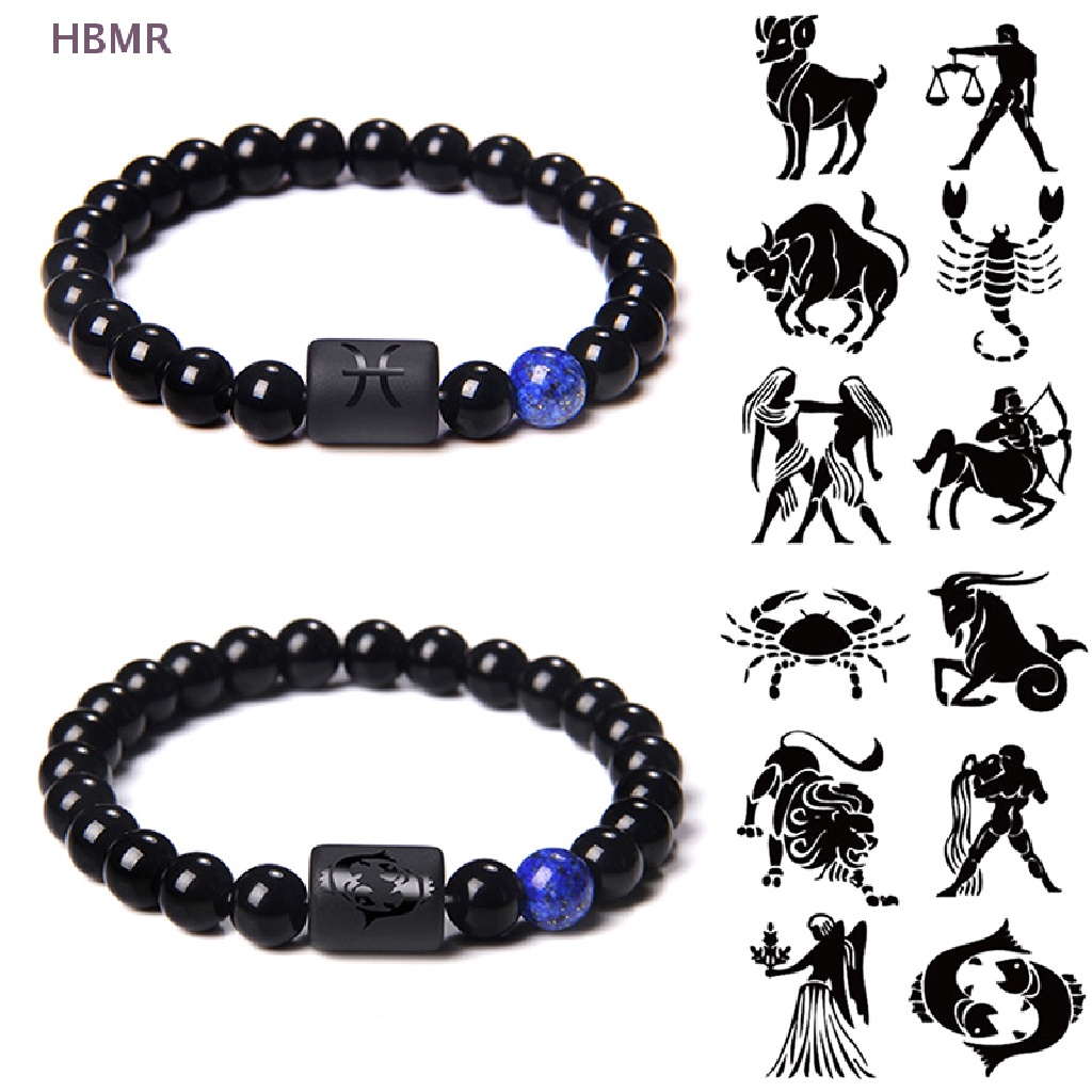 Vòng Tay Chuỗi Hạt Đá Onyx Co Giãn Mặt 12 Cung Hoàng Đạo Màu Đen Tự Nhiên Cho Cặp Đôi HL