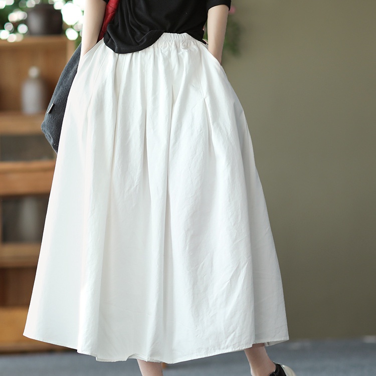 Chân váy cotton lanh lạnh màu trơn lưng thun phong cách thời trang retro cho nữ