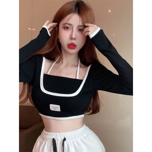 Áo croptop tay dài kèm yếm, dáng ôm body gợi cảm siêu xinh  GB alohashop91