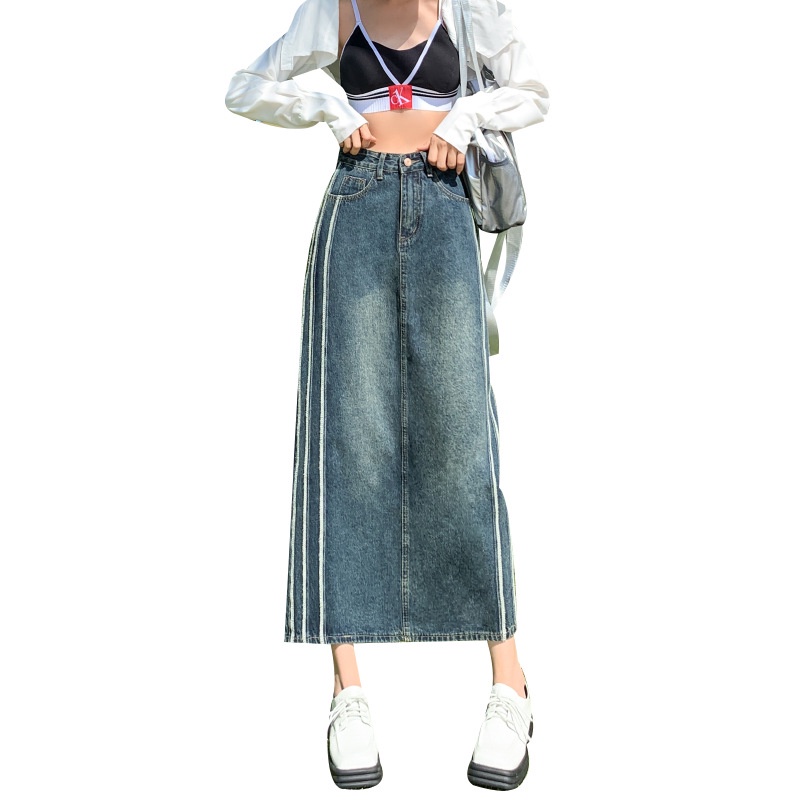 High waist denim skirt for women 2023 retro A- line mid-length slimming contrast color split hip skirt DKRR