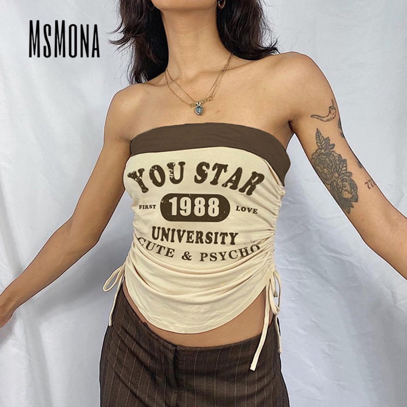 MsMona Áo Ống Mỏng Vừa Vặn Hở Vai In Chữ Màu Tương Phản Thời Trang 2023 Cho Nữ