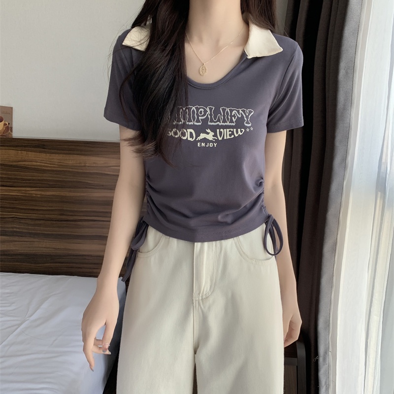 COZOK Áo Thun Ngắn Tay Dáng Ôm Phối Dây Rút In Chữ Cá Tính