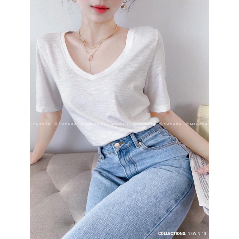 ÁO THUN XƯỢC CỔ V MÀU TRẮNG
