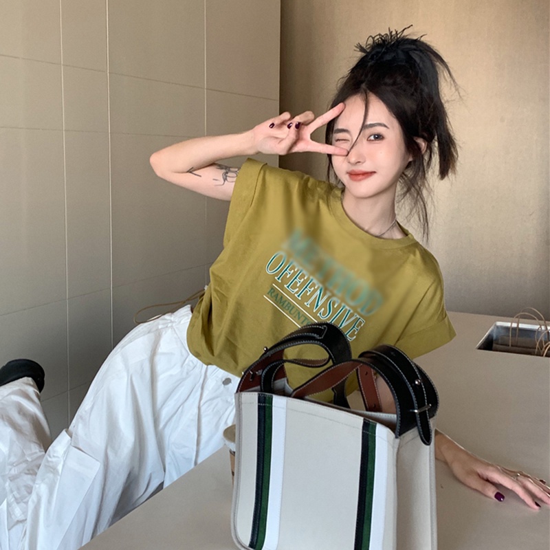 IELGY  Áo Thun Xám Tay Ngắn Phối Dây Rút In Họa Tiết Thời Trang Cho Nữ