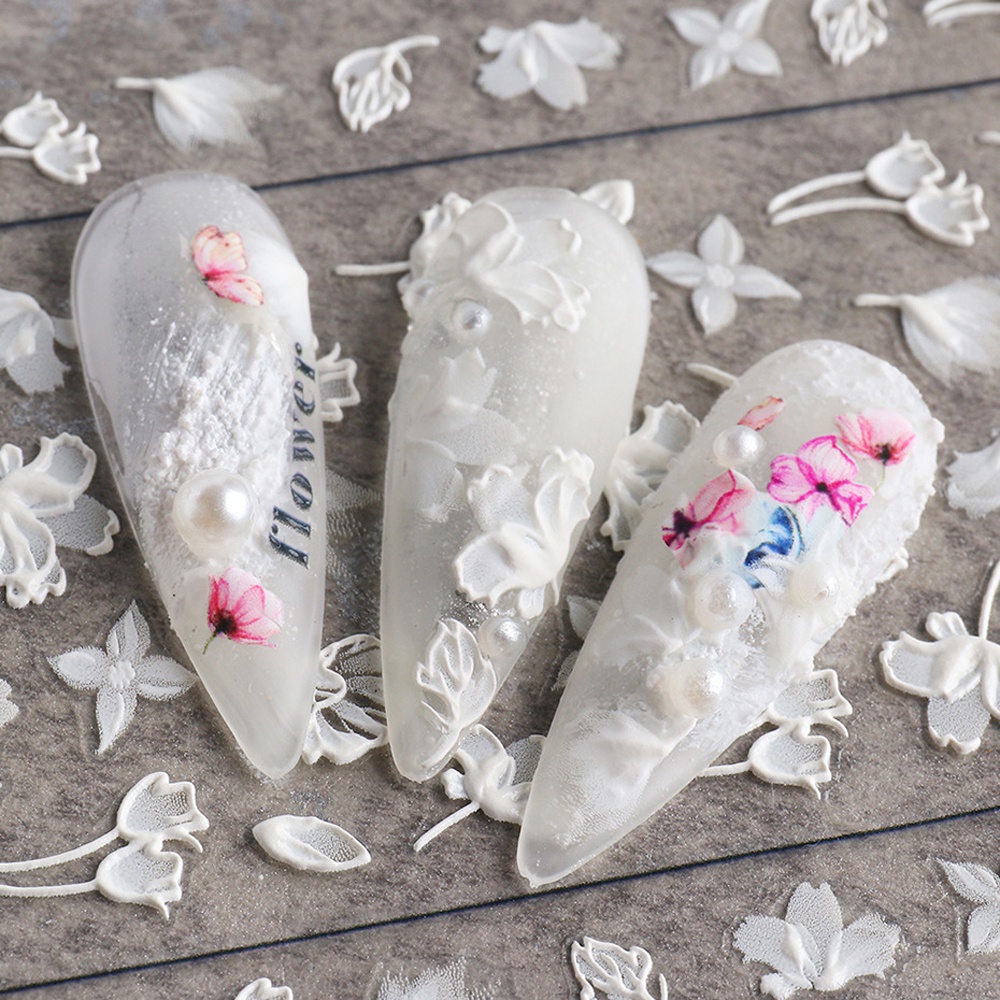 Set 7 Tấm Nhãn Dán Trang Trí Móng Tay 5D Họa Tiết Ren Hoa Lá Bướm Phong Cách Nhật Bản