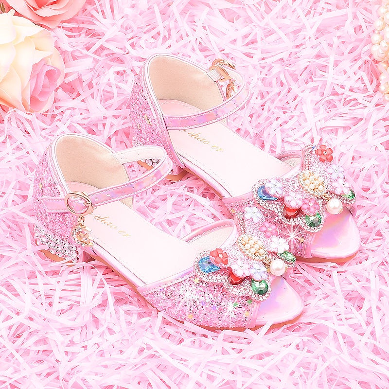 Xăng đan Cao Gót Mùa Hè Đính Nơ Lớn Màu Hồng Phong Cách Công Chúa Mới Cho Bé Gái Biểu Diễn Trình Diễn
