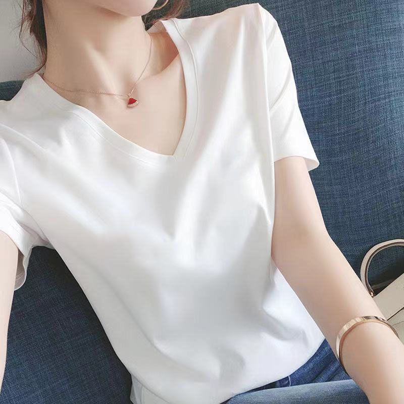 Plus Áo Thun 100% Cotton Tay Ngắn Dáng Rộng Cổ Chữ V Màu Trơn Phong Cách Trung Hoa Thời Trang Xuân Hè Cho Nữ
