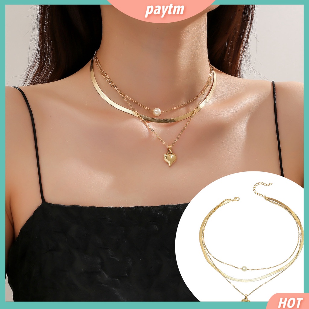 Vòng cổ Ba Lớp Ba Lớp Sáng Bóng Thanh Lịch Dễ Điều Chỉnh Trang Trí Hình Trái Tim Ngọc Trai Giả Cho Nữ Mặc Hàng Ngày