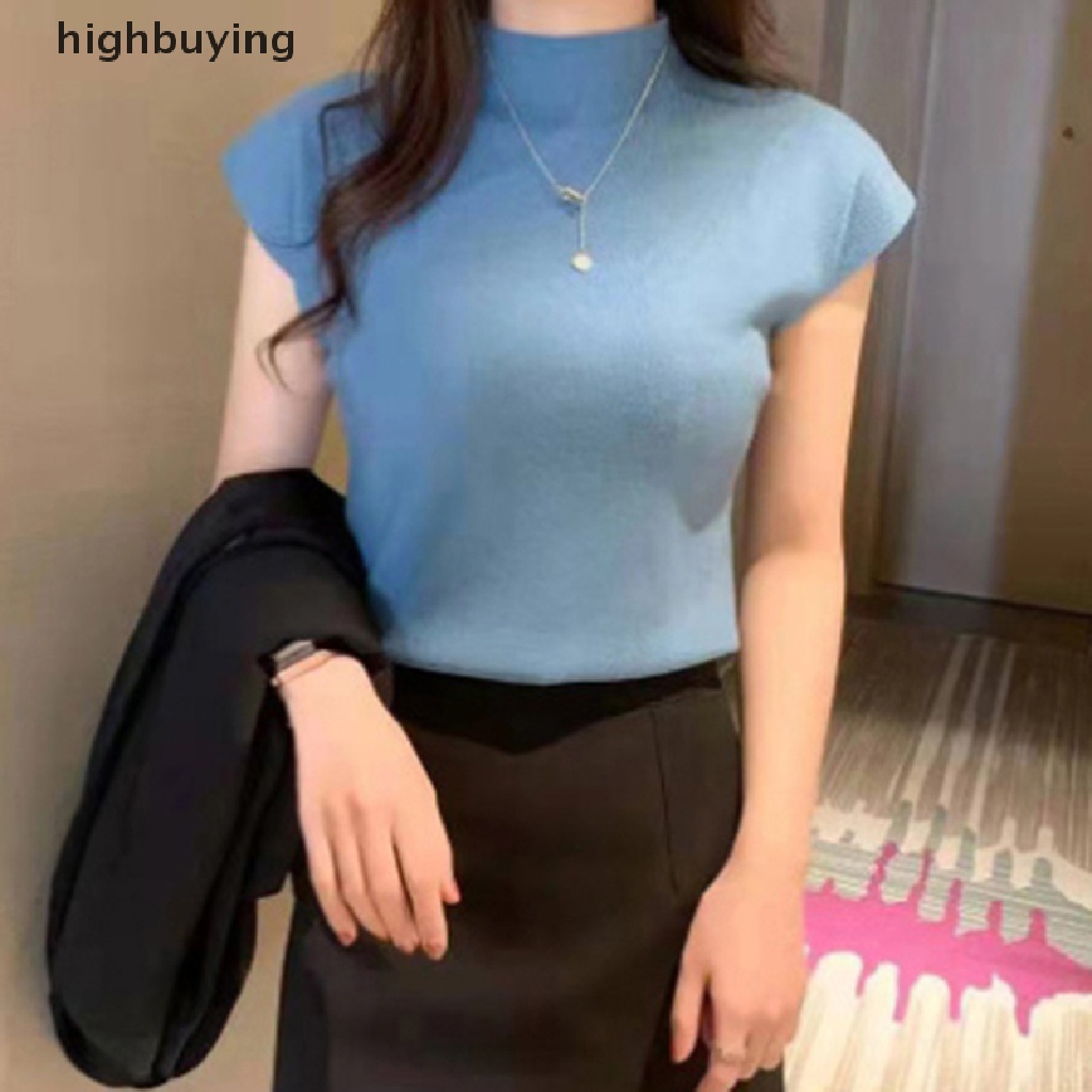 Áo Thun Dệt Kim Tay Ngắn Cổ Lọ Màu Sắc Đơn Giản Cho Nữ