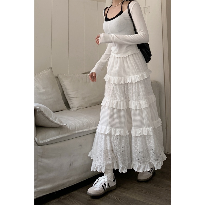 「Nonfatgirl」Chân Váy Len Lưng Cao Dáng Rộng Màu Trắng Thời Trang Cho Nữ