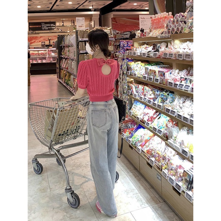 IELGY   Áo Dệt Kim Tay Ngắn Dáng Ôm Phối Nơ Thời Trang Cho Nữ