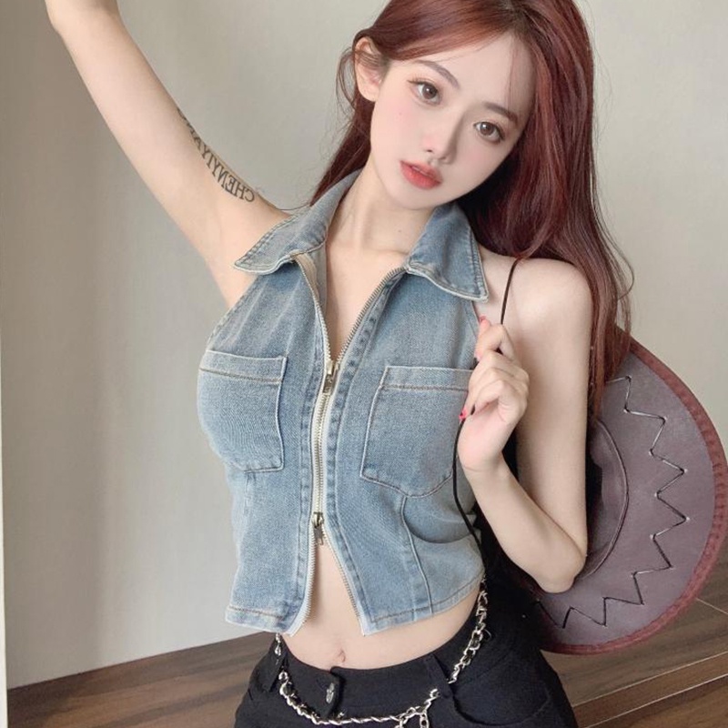 IELGY  Áo denim Hai Dây Ngắn Có Khóa Kéo Phong Cách Âu Mỹ Cho Nữ