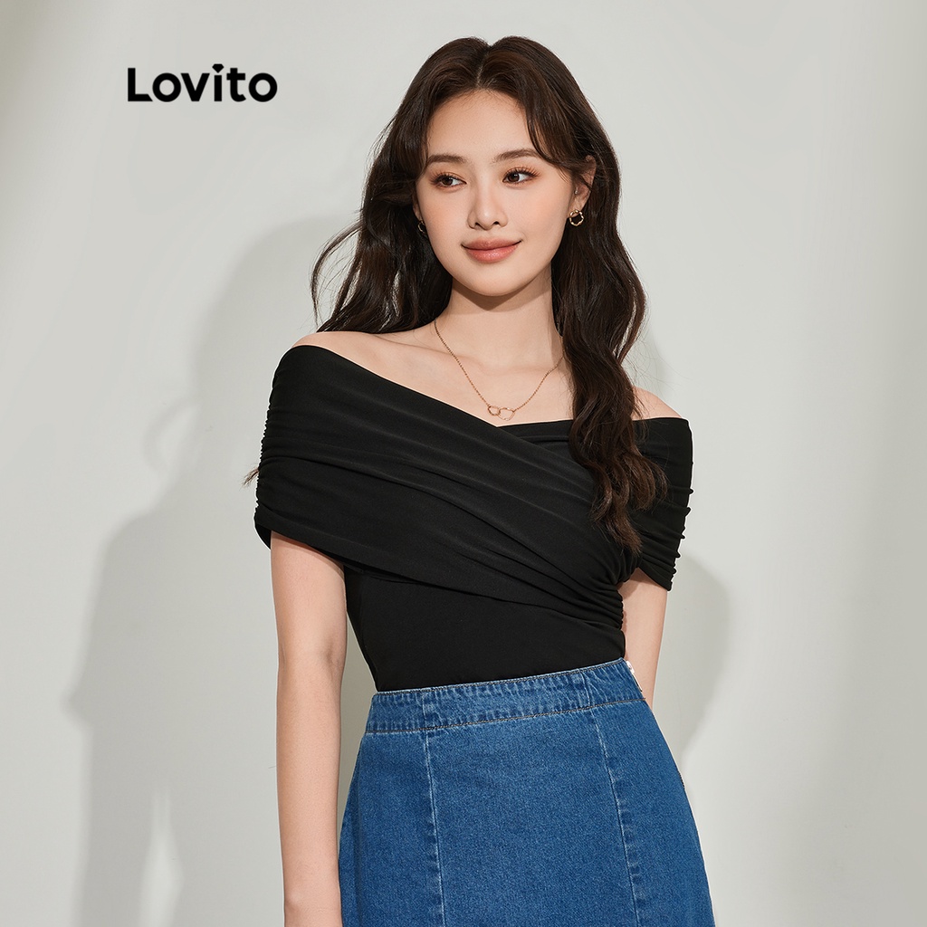 Áo thun LOVITO bắt chéo màu trơn phong cách thường ngày dành cho nữ L45AD003 (màu đen)