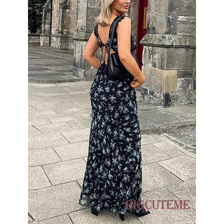 [] - Đầm Dài Không Tay Eo Cao Cổ Chữ V In Hoa Phối Ren Mỏng Hở Lưng Cho Nữ