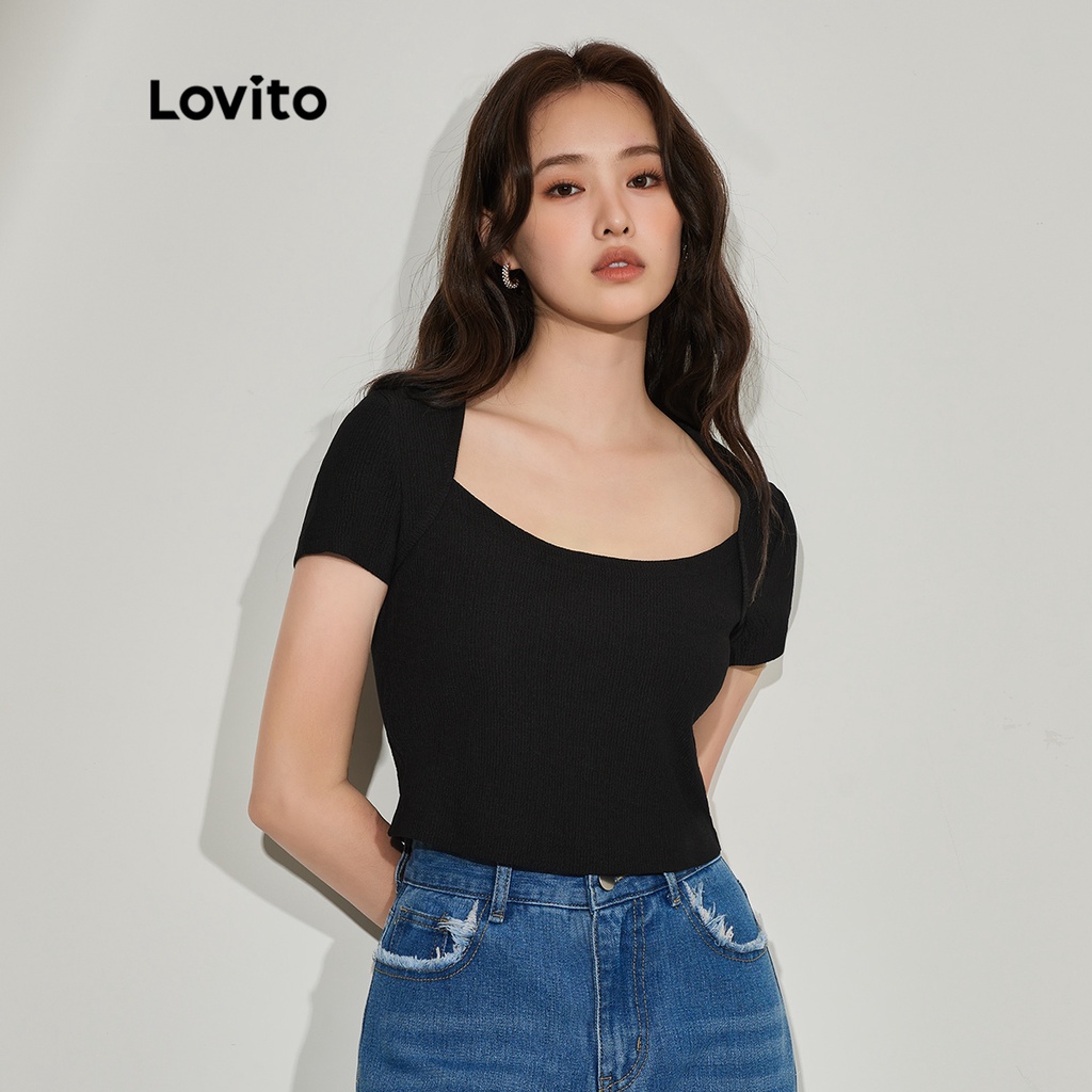 Áo thun LOVITO tay ngắn cổ vuông màu trơn cơ bản thường ngày L45ED008 (màu đen)