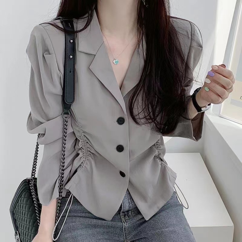Áo Khoác Blazer Tay Dài Ôm Eo Phối Dây Rút Ba Nút Cài Đơn Giản Phong Cách Hàn Quốc Thời Trang Mù