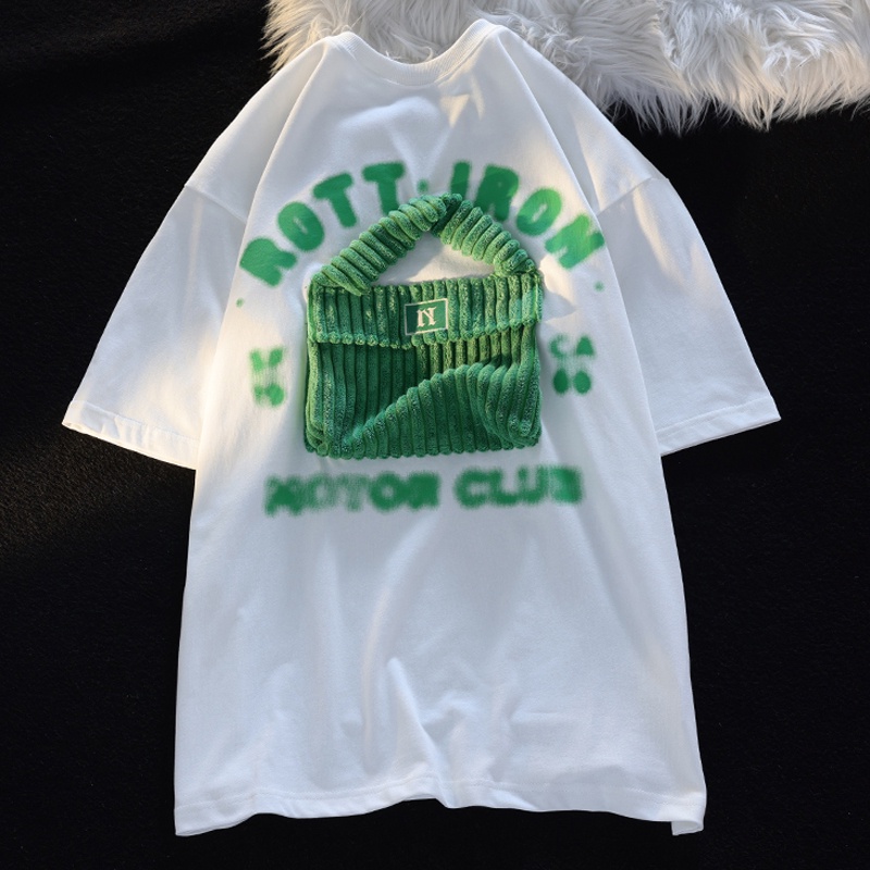 100% cotton 200g boutique short-sleeved tshirt new print+three-dimensional bag top for women